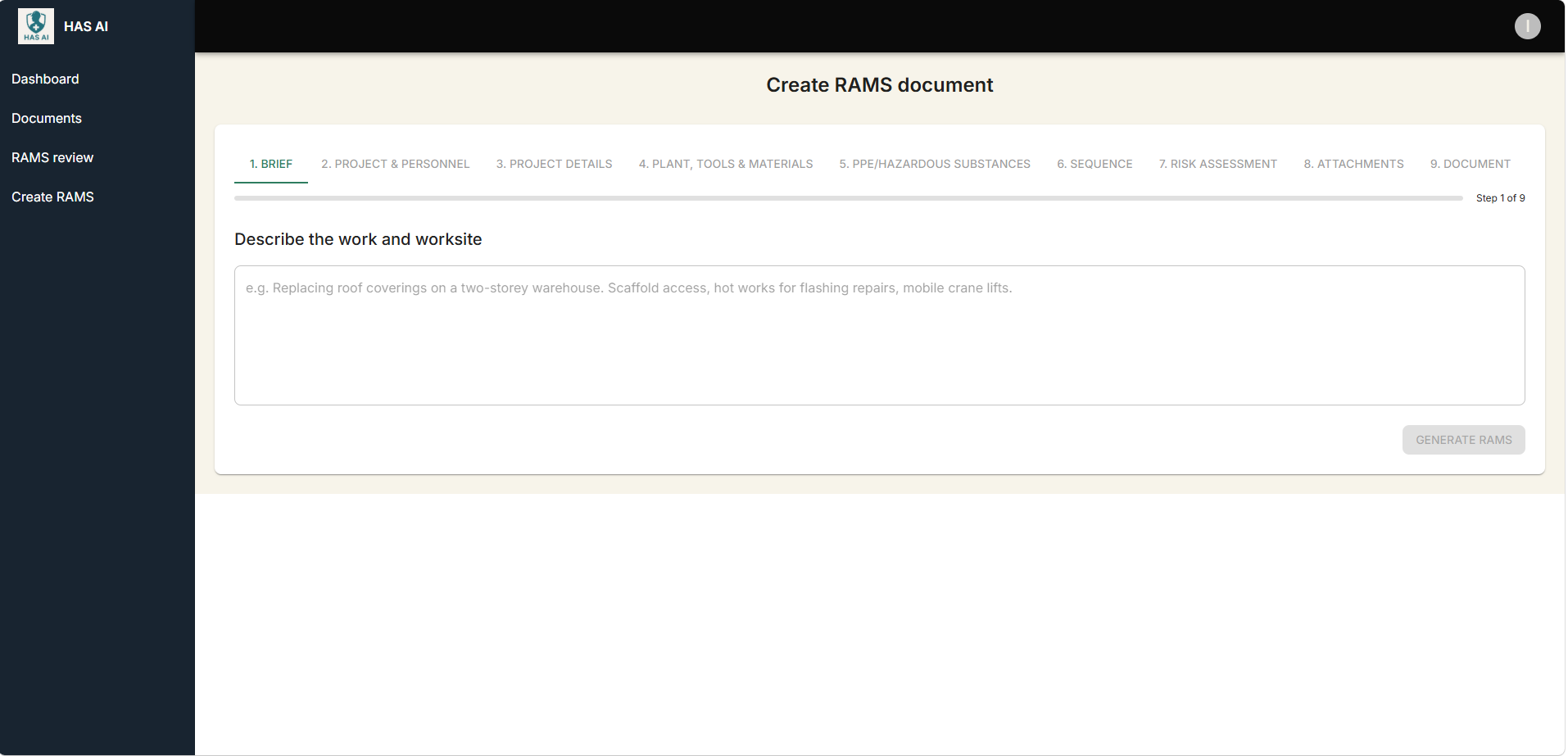 Real RAMS Creator interface with guided document steps and a worksite description input