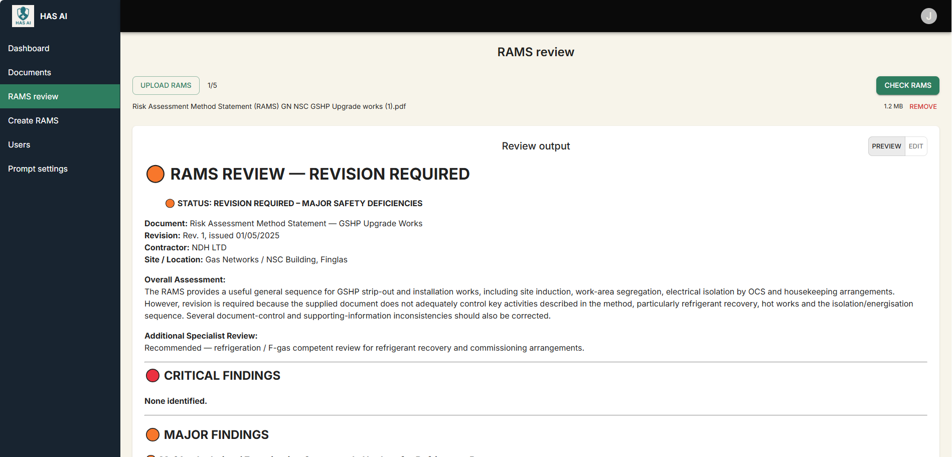 HAS AI RAMS Reviewer prototype showing review status and major findings